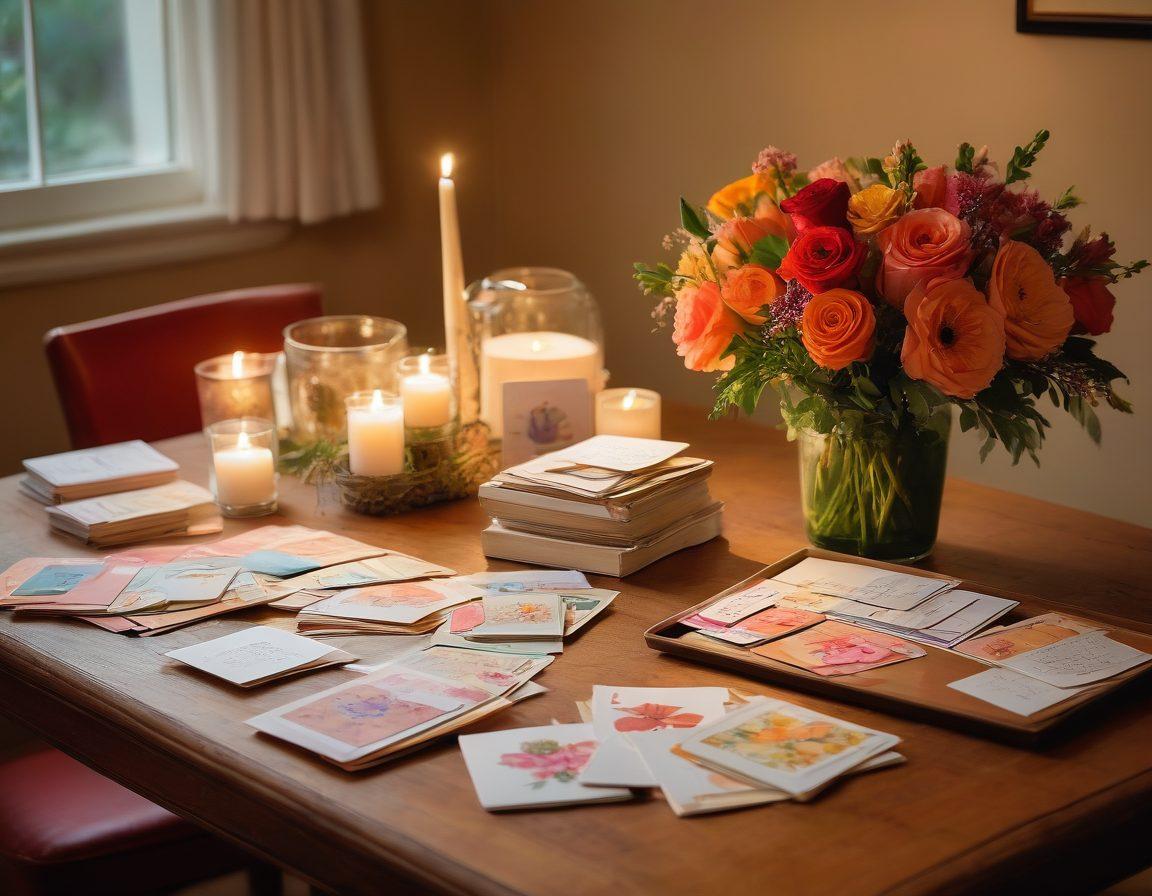 A warm and inviting scene showcasing a beautifully arranged table filled with various sentimental cards, each adorned with heartfelt messages. Soft lighting enhances the intimate atmosphere, while a pair of hands gently holds a card, signifying connection. Include details like beautiful floral decorations and a cozy setting with warm colors. painting. vibrant colors.