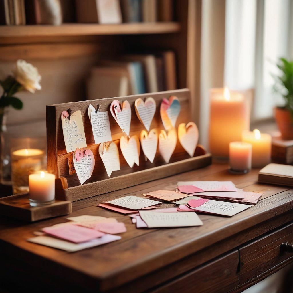 A beautifully arranged scene featuring an array of colorful, handcrafted love notes and sentimental cards displayed on a vintage wooden table. Soft, warm lighting creates an inviting atmosphere, with delicate floral accents around the notes. A hand is seen gently placing a heart-shaped card into an envelope, symbolizing personal touches and heartfelt expressions. Add a soft, blurred background of a cozy room with bookshelves and soft cushions. super-realistic. warm colors. soft focus.