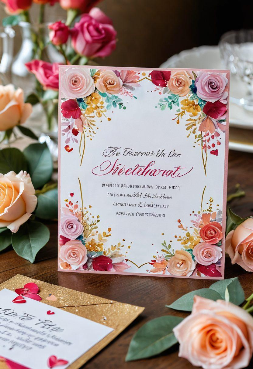 A beautifully designed tabletop featuring an array of colorful sweetheart cards, interspersed with elegant wedding anniversary wishes in delicate script. Soft, romantic lighting highlights a bouquet of roses in the background, symbolizing love and celebration. Include whimsical hearts and glittery confetti scattered around for a festive touch. The overall mood should evoke warmth and nostalgia, inviting viewers into the world of heartfelt romance. vibrant colors. soft focus. elegant design.